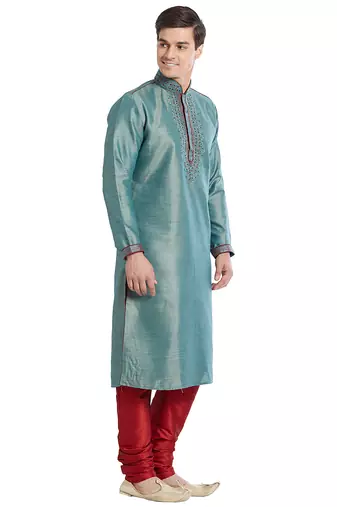 Green art silk straight embroidery kurta for men's