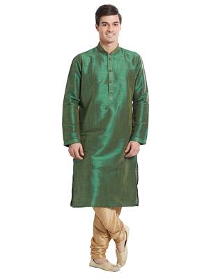 Green Art silk straight stitched kurta for men's 5