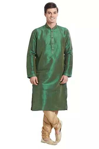 Green art silk straight stitched kurta for men's