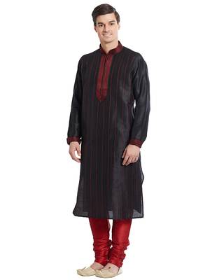 Black Art silk straight stitched kurta for men's 2