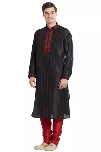 Black art silk straight stitched kurta for men's