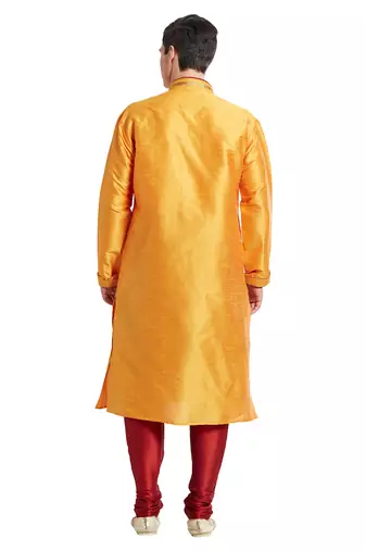 Yellow art silk straight stitched kurta for men's