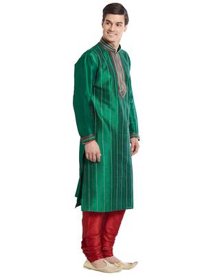 Green art silk straight stitched kurta for men's 3