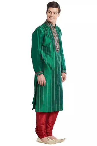 Green art silk straight stitched kurta for men's