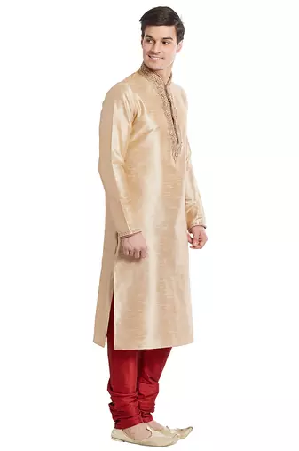 Fawn art silk straight embroidery kurta for men's