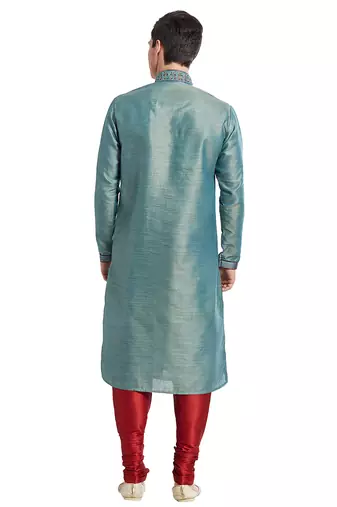 Green art silk straight embroidery kurta for men's