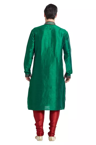 Green art silk straight stitched kurta for men's
