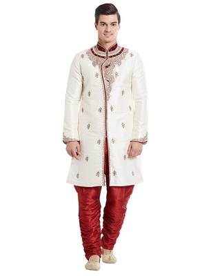 Cream silk blend straight embroidery with handwork indisherwani for men's 1
