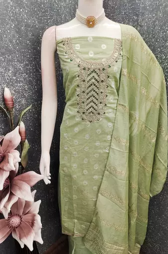 Embroidered unstitched salwar suit with woven dupatta