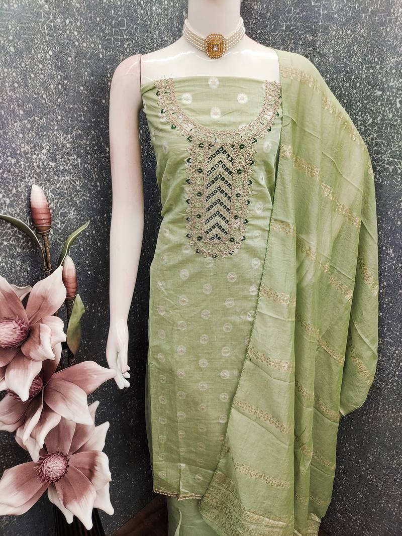 Embroidered unstitched salwar suit with woven dupatta
