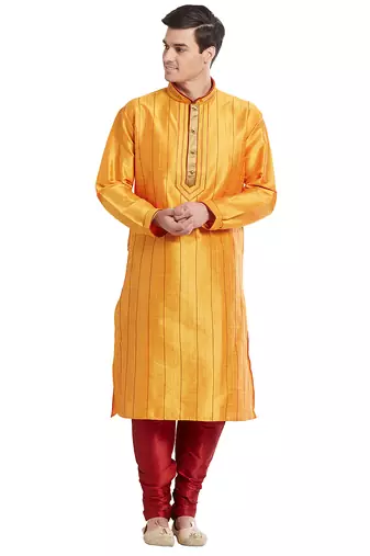 Yellow art silk straight stitched kurta for men's