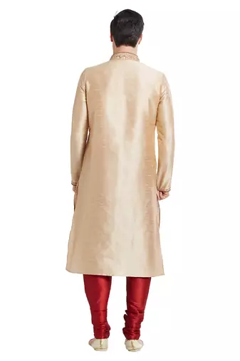 Fawn art silk straight embroidery kurta for men's
