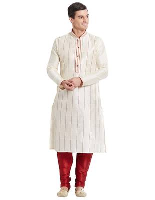 Cream Art silk straight stitched kurta for men's 5