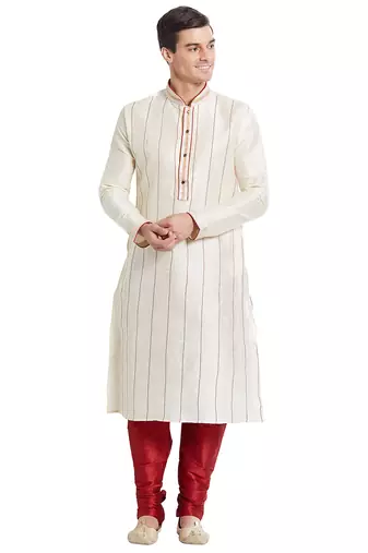 Cream art silk straight stitched kurta for men's