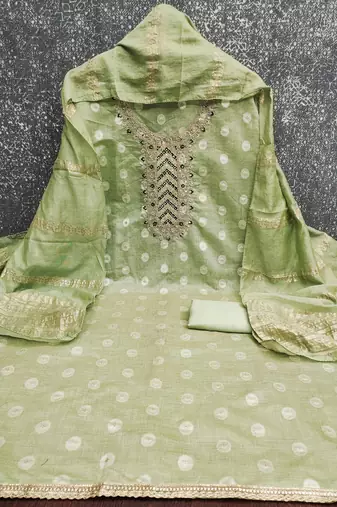 Embroidered unstitched salwar suit with woven dupatta