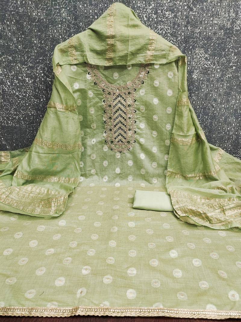 Embroidered unstitched salwar suit with woven dupatta