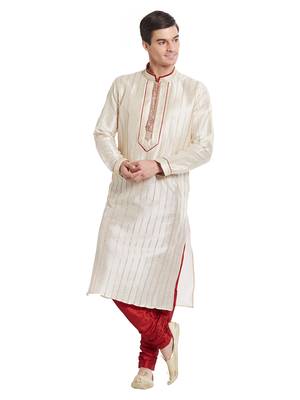 Cream Art silk straight stitched kurta for men's 5