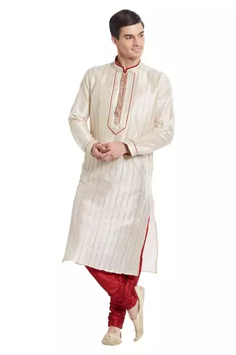 Cream art silk straight stitched kurta for men's