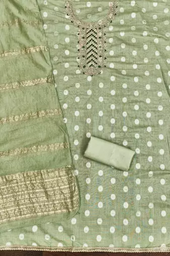 Embroidered unstitched salwar suit with woven dupatta