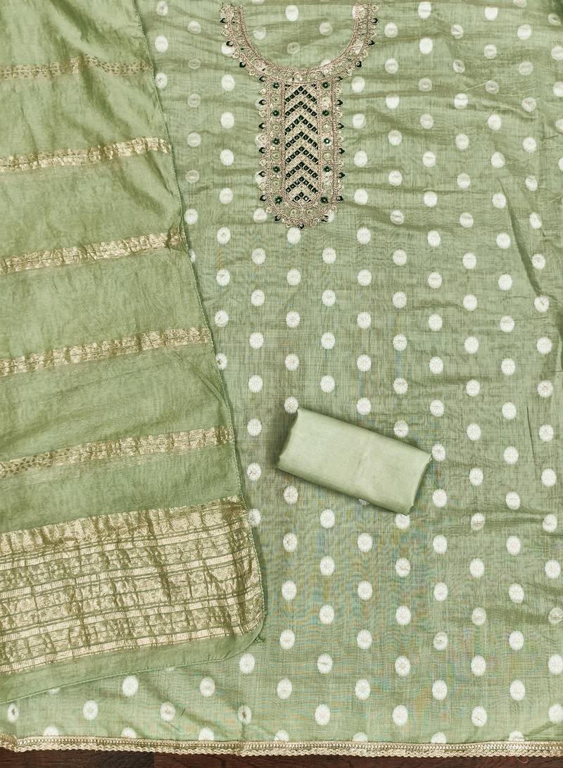 Embroidered unstitched salwar suit with woven dupatta