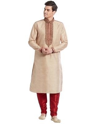 Fawn Art silk straight embroidery kurta for men's 5