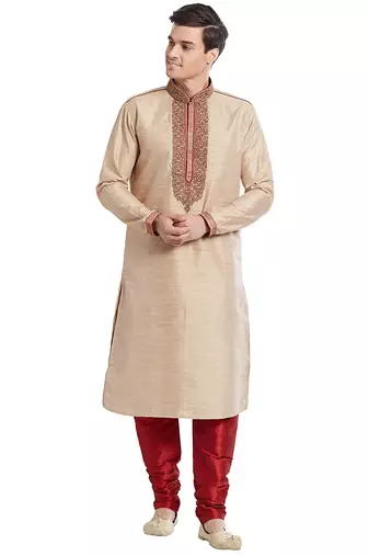 Fawn art silk straight embroidery kurta for men's