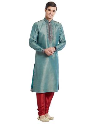 Green Art silk straight embroidery kurta for men's 5