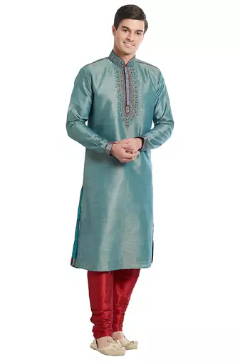 Green art silk straight embroidery kurta for men's