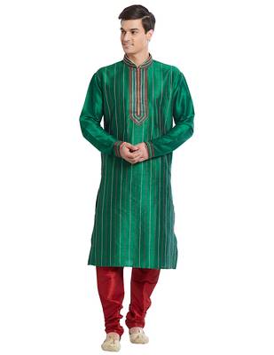 Green art silk straight stitched kurta for men's 5
