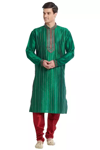 Green art silk straight stitched kurta for men's