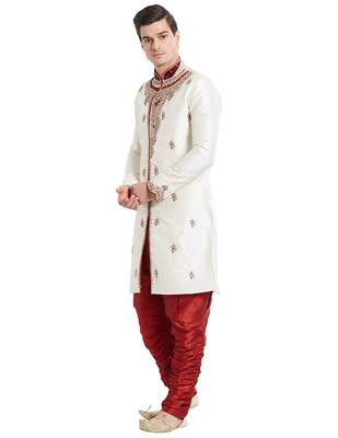 Cream silk blend straight embroidery with handwork indisherwani for men's 2