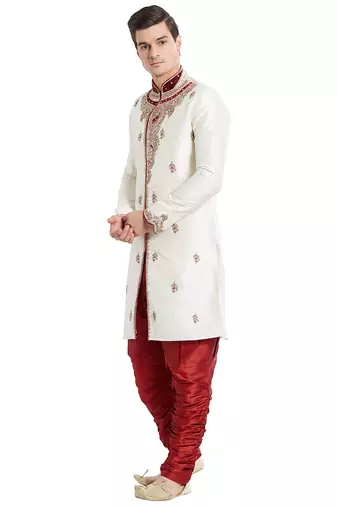 Cream silk straight embroidery with handwork indisherwani for men's