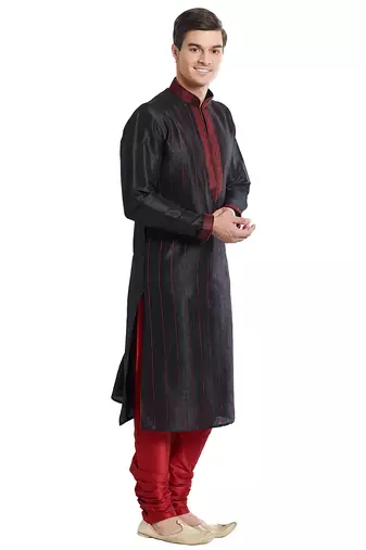 Black art silk straight stitched kurta for men's