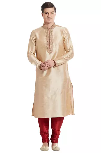 Fawn art silk straight embroidery kurta for men's