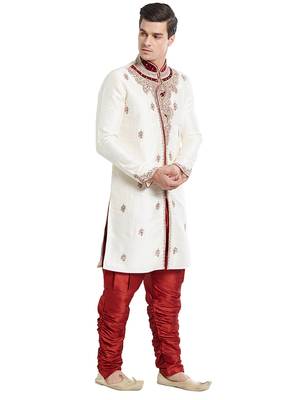 Cream silk blend straight embroidery with handwork indisherwani for men's 3