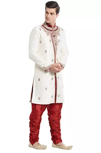 Cream silk straight embroidery with handwork indisherwani for men's