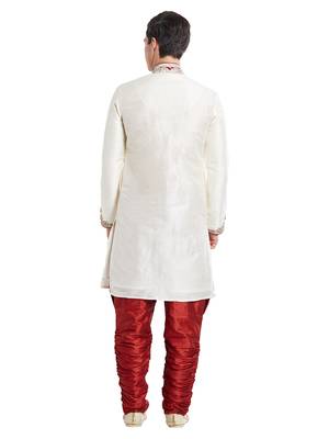 Cream silk blend straight embroidery with handwork indisherwani for men's 4