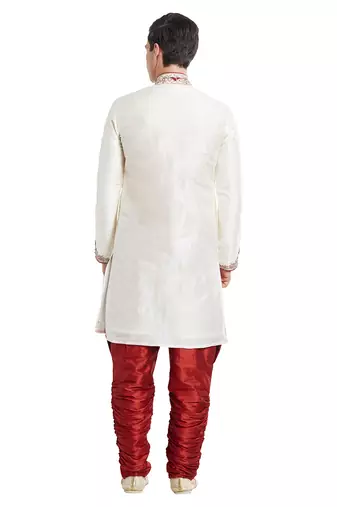 Cream silk straight embroidery with handwork indisherwani for men's