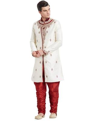 Cream silk blend straight embroidery with handwork indisherwani for men's 5
