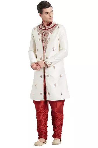 Cream silk straight embroidery with handwork indisherwani for men's