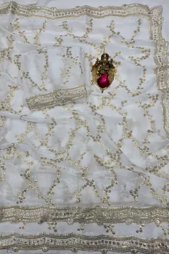 White Color Sequence Work art silk saree