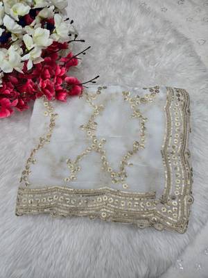 White Color Sequence Work art silk saree 1