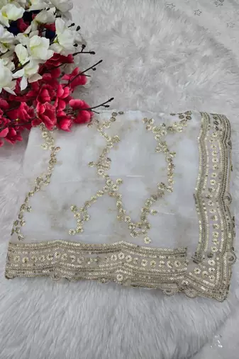 White Color Sequence Work Silk Saree