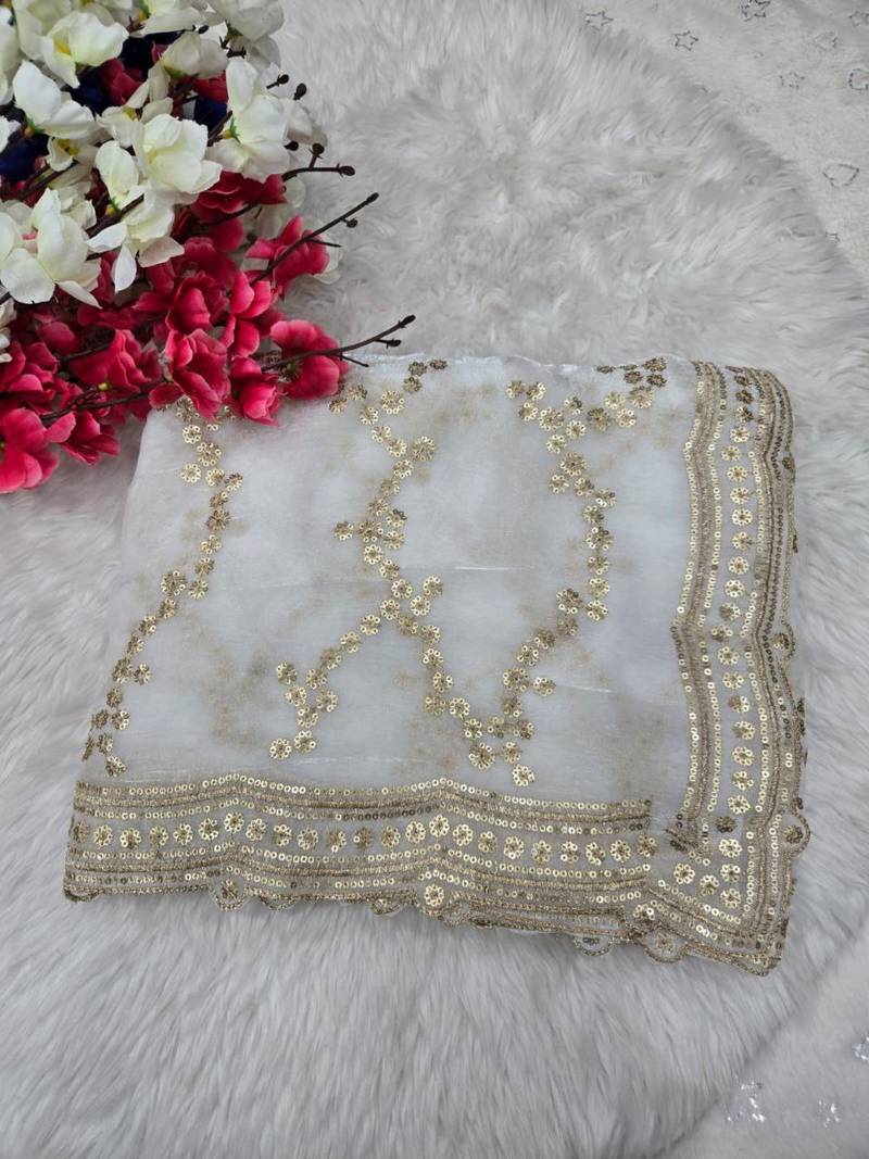 White Color Sequence Work Silk Saree