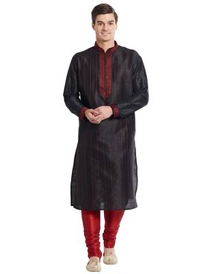 Black Art silk straight stitched kurta for men's 5