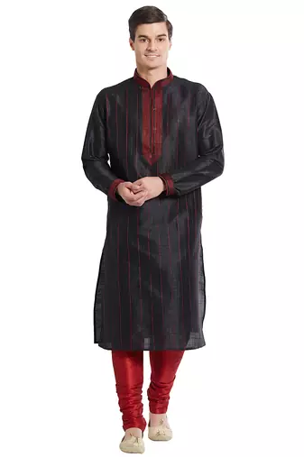 Black art silk straight stitched kurta for men's