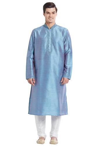 Slate blue art silk straight embroidery kurta for men's