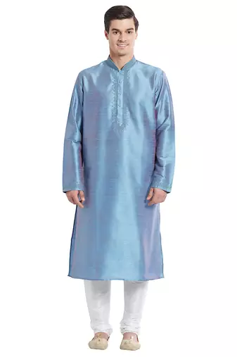 Slate blue art silk straight embroidery kurta for men's