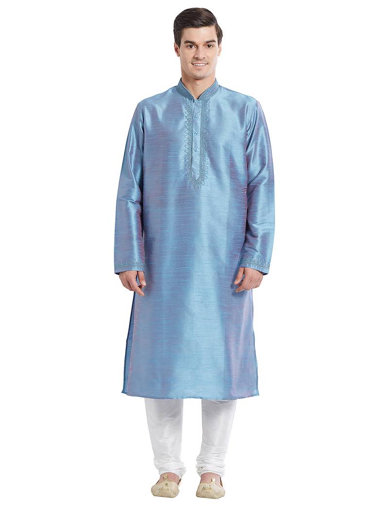 Slate blue art silk straight embroidery kurta for men's