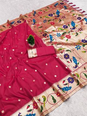 Pink faux banarasi silk saree with paithani rich weaved pallu and blouse 2
